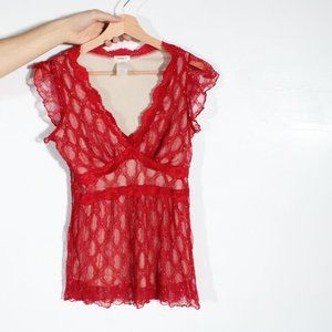 Studio Y Vintage Red Lace Top